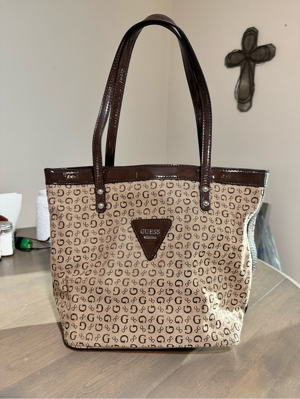 GUESS Signature Tote Bag Brown Monogram Purse